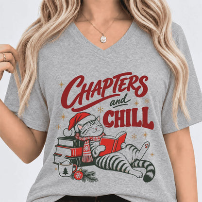 CHAPTERS and CHILL Cat Ultra-Soft V-Neck | Christmas Book Lover Gift Athletic Heather