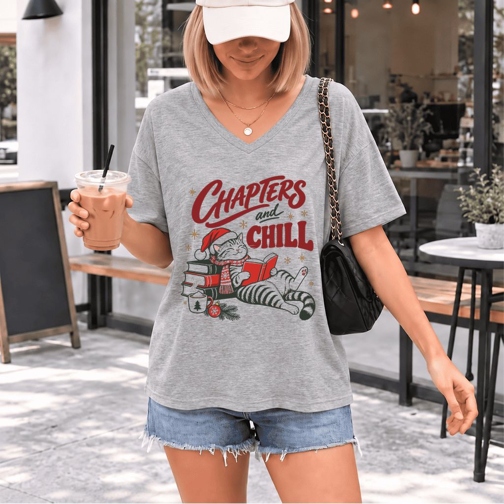 CHAPTERS and CHILL Cat Ultra-Soft V-Neck | Christmas Book Lover Gift Athletic Heather