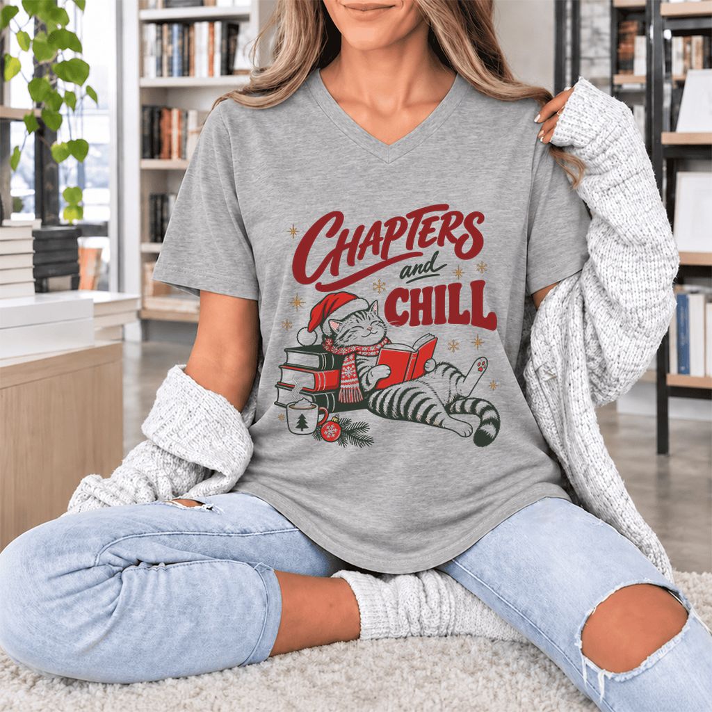 CHAPTERS and CHILL Cat Ultra-Soft V-Neck | Christmas Book Lover Gift Athletic Heather