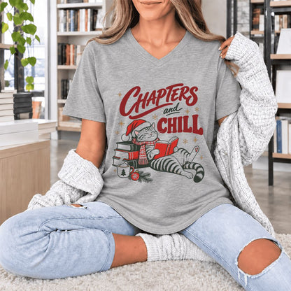 CHAPTERS and CHILL Cat Ultra-Soft V-Neck | Christmas Book Lover Gift Athletic Heather