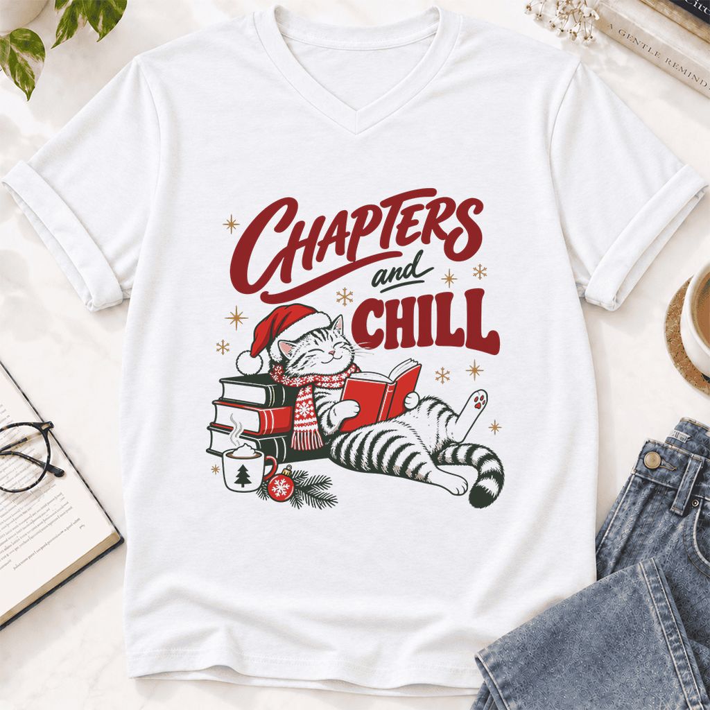 CHAPTERS and CHILL Cat Ultra-Soft V-Neck | Christmas Book Lover Gift White