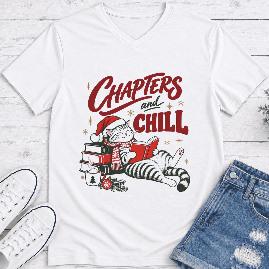 CHAPTERS and CHILL Cat Ultra-Soft V-Neck | Christmas Book Lover Gift White
