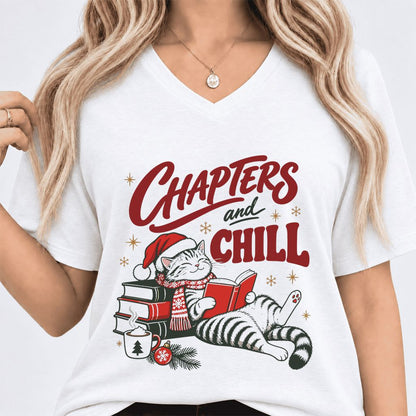 CHAPTERS and CHILL Cat Ultra-Soft V-Neck | Christmas Book Lover Gift White