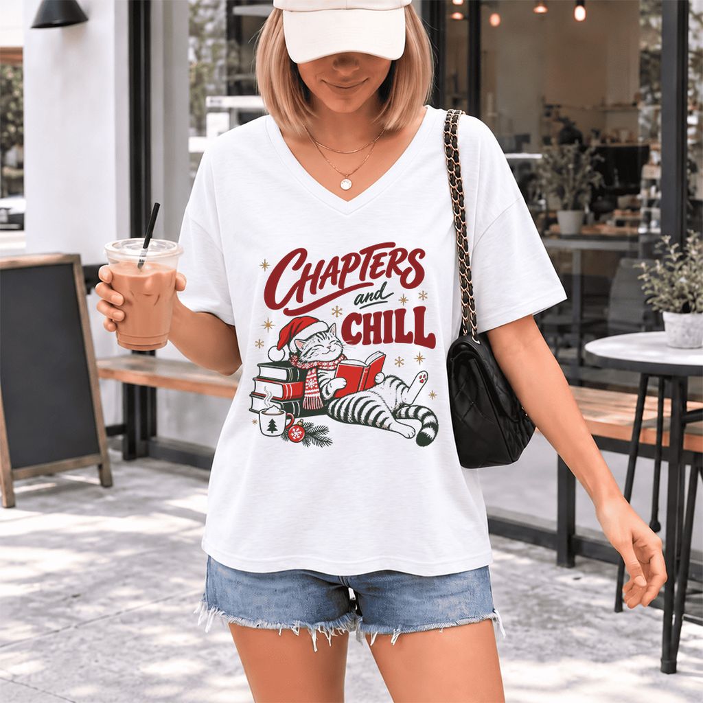 CHAPTERS and CHILL Cat Ultra-Soft V-Neck | Christmas Book Lover Gift White