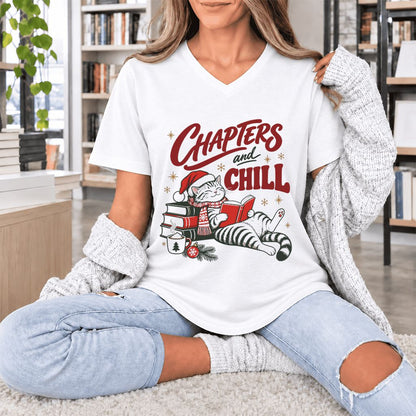 CHAPTERS and CHILL Cat Ultra-Soft V-Neck | Christmas Book Lover Gift White