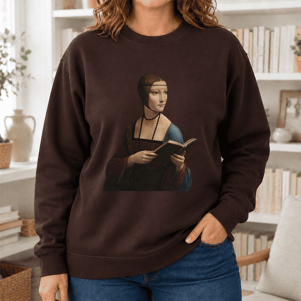 Cecilia Gallerani Reading Printed Sweatshirt | Literary Reader Gift Dark Chocolate