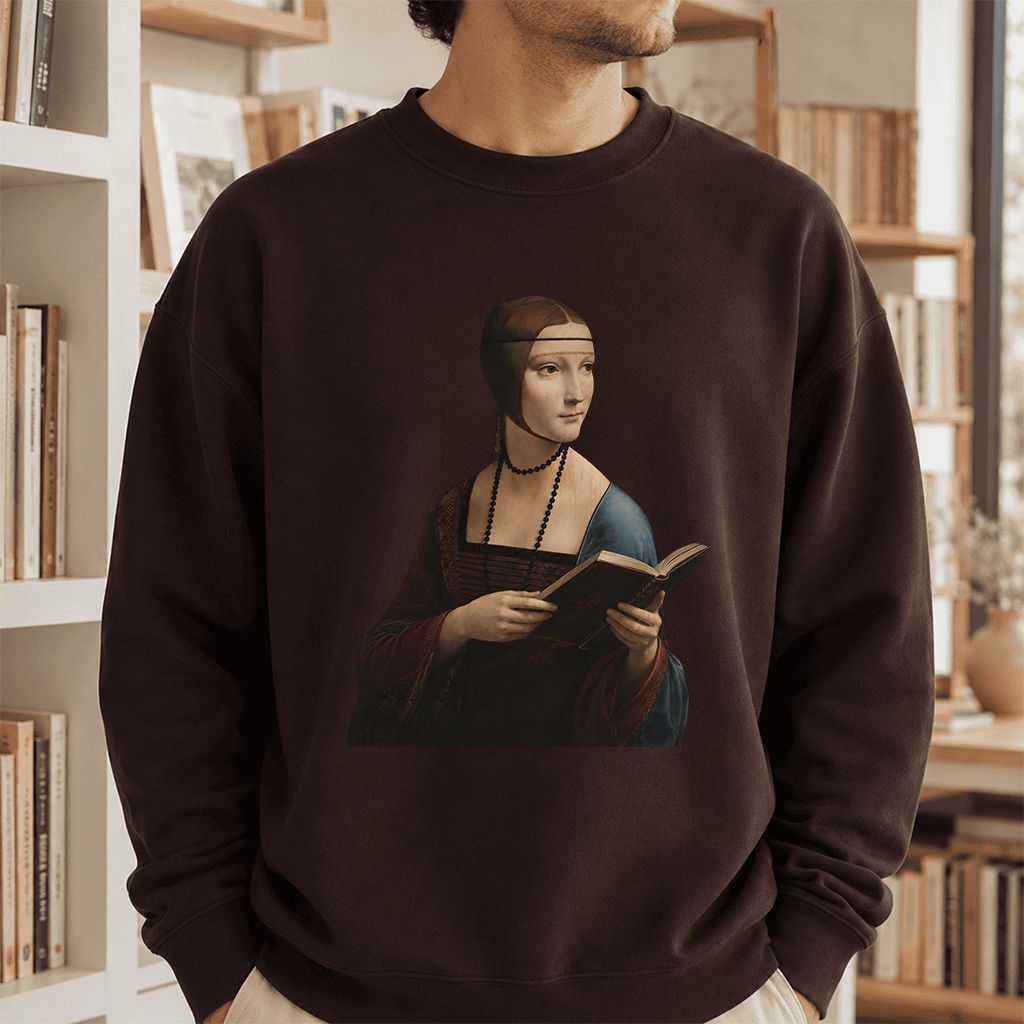 Cecilia Gallerani Reading Printed Sweatshirt | Literary Reader Gift Dark Chocolate