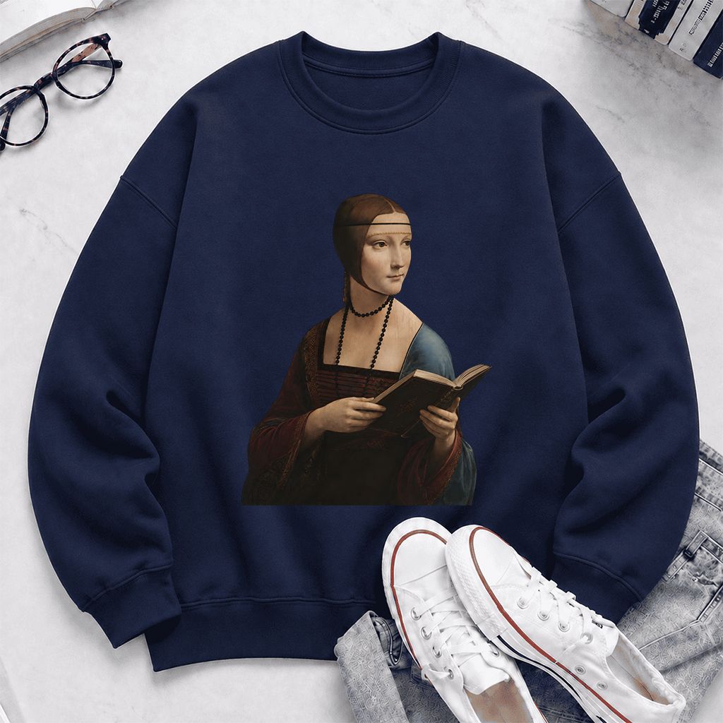 Cecilia Gallerani Reading Printed Sweatshirt | Literary Reader Gift Navy