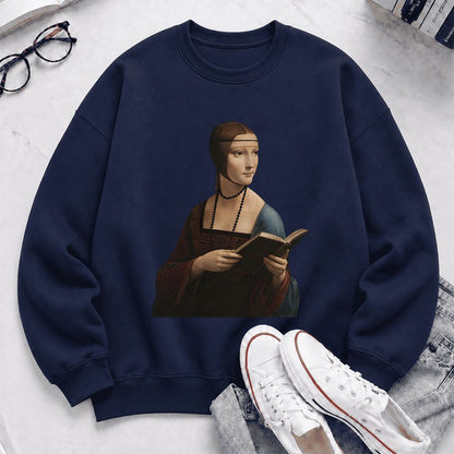 Cecilia Gallerani Reading Printed Sweatshirt | Literary Reader Gift Navy