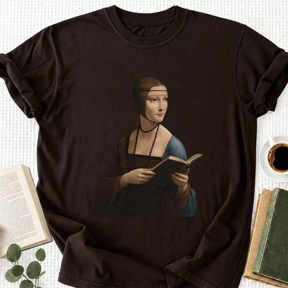 Cecilia Gallerani Reading Printed T-Shirt | Literary Reader Gift Dark Chocolate