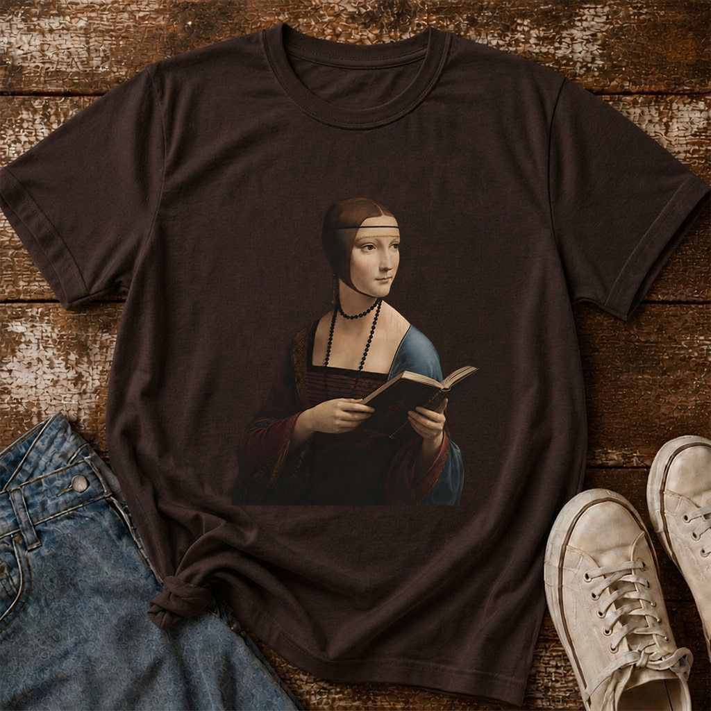 Cecilia Gallerani Reading Printed T-Shirt | Literary Reader Gift Dark Chocolate
