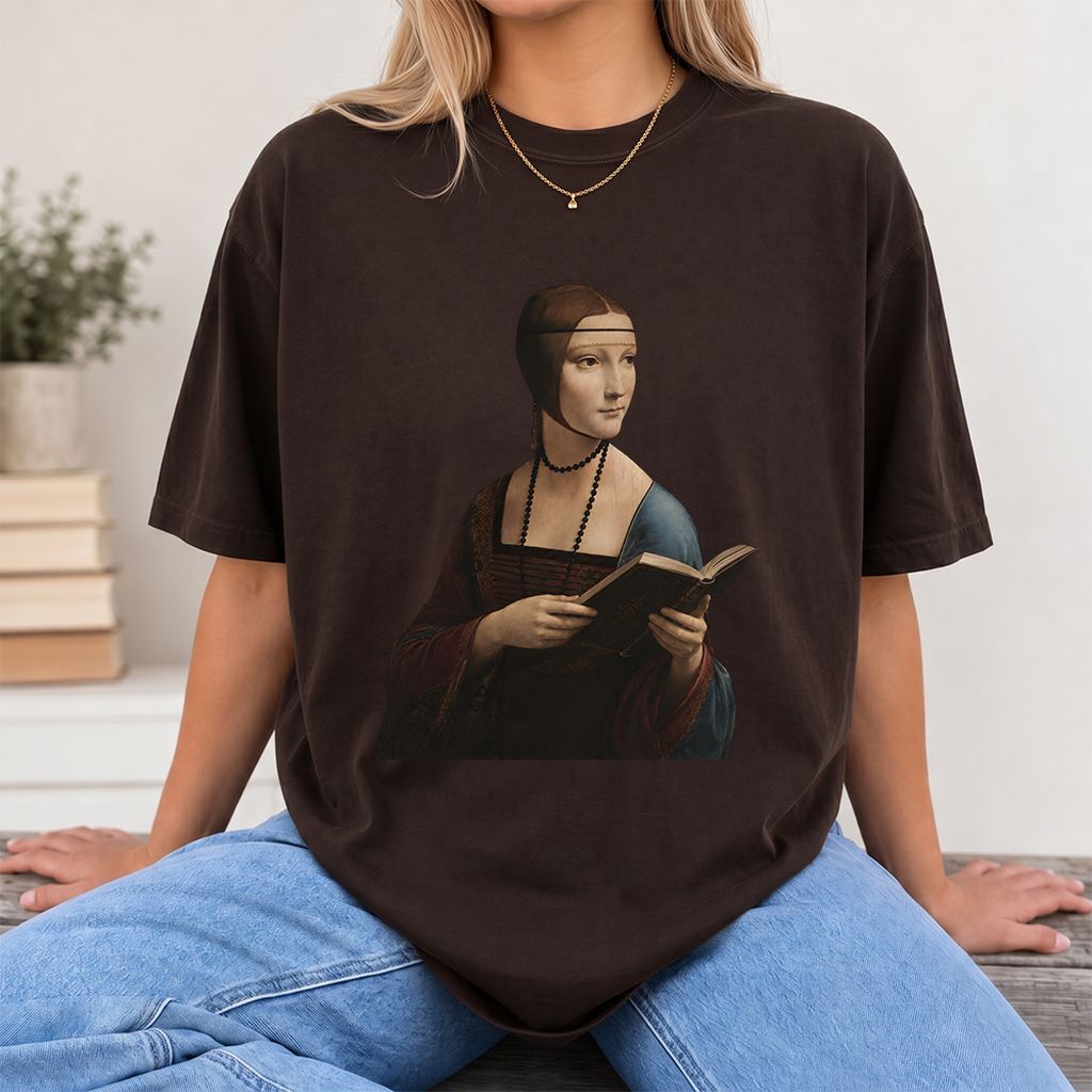 Cecilia Gallerani Reading Printed T-Shirt | Literary Reader Gift Dark Chocolate