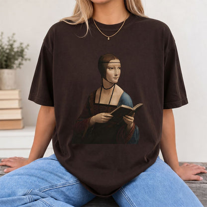 Cecilia Gallerani Reading Printed T-Shirt | Literary Reader Gift Dark Chocolate