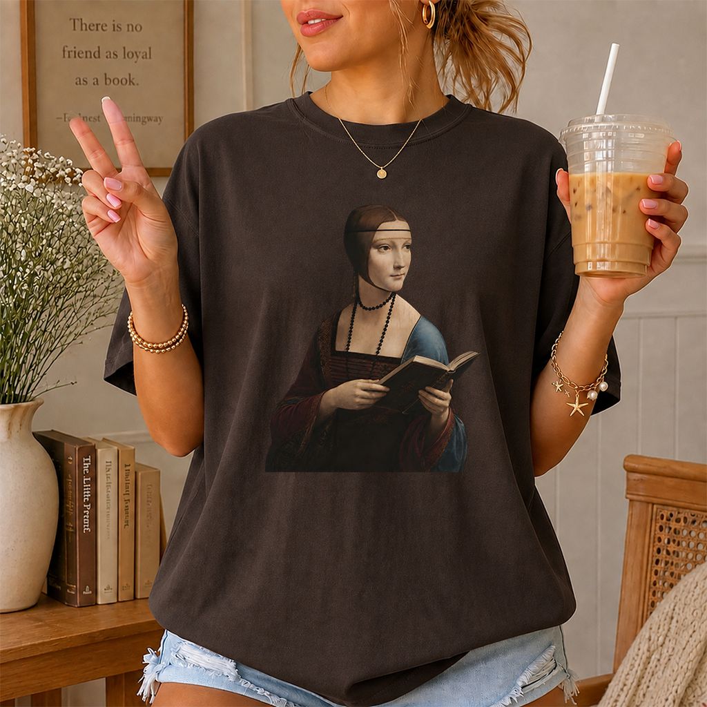 Cecilia Gallerani Reading Printed T-Shirt | Literary Reader Gift Dark Chocolate
