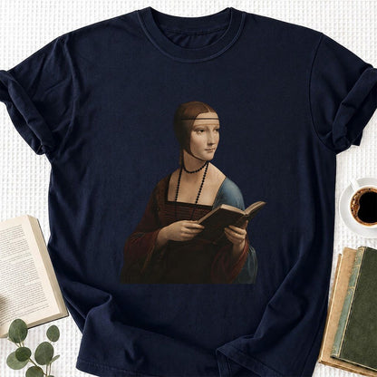 Cecilia Gallerani Reading Printed T-Shirt | Literary Reader Gift Navy