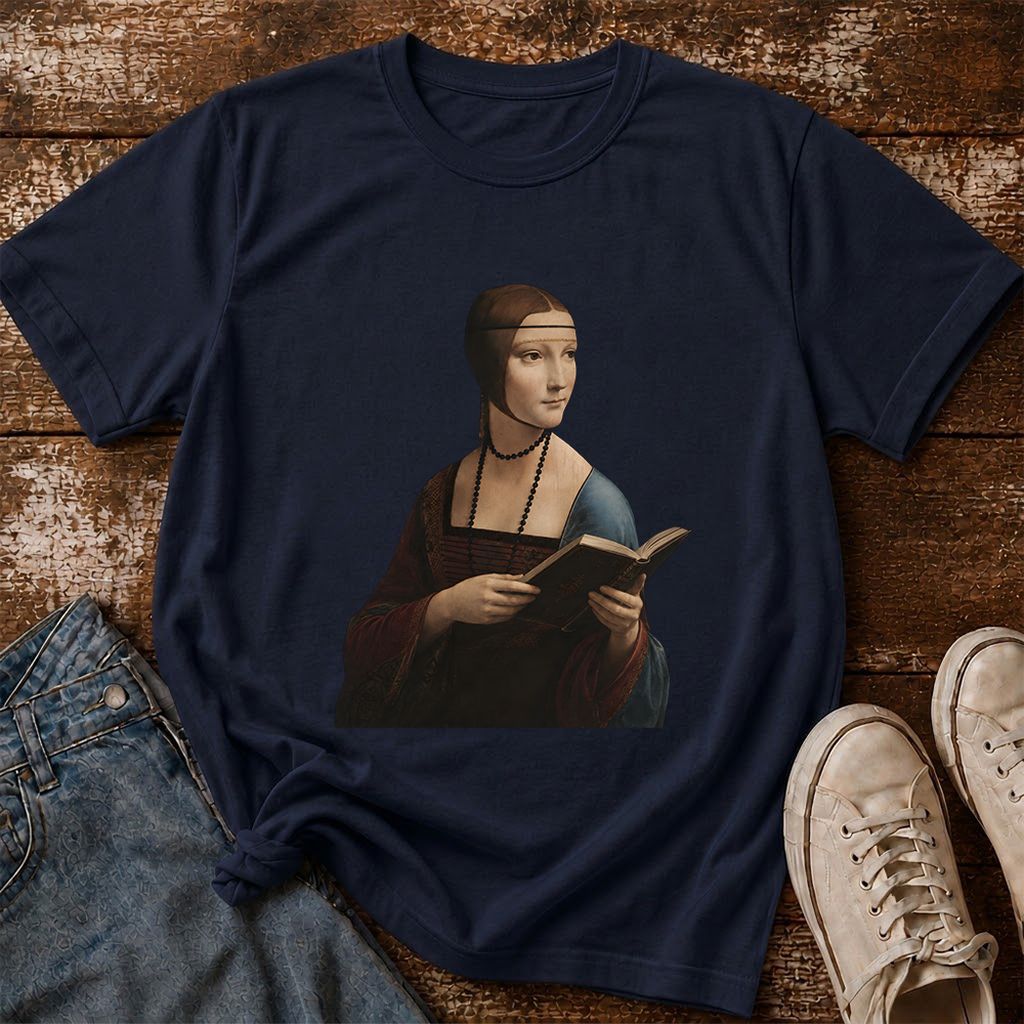 Cecilia Gallerani Reading Printed T-Shirt | Literary Reader Gift Navy