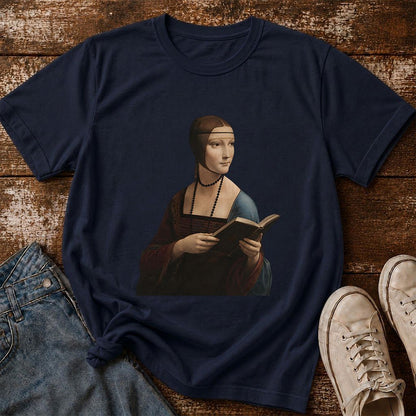 Cecilia Gallerani Reading Printed T-Shirt | Literary Reader Gift Navy