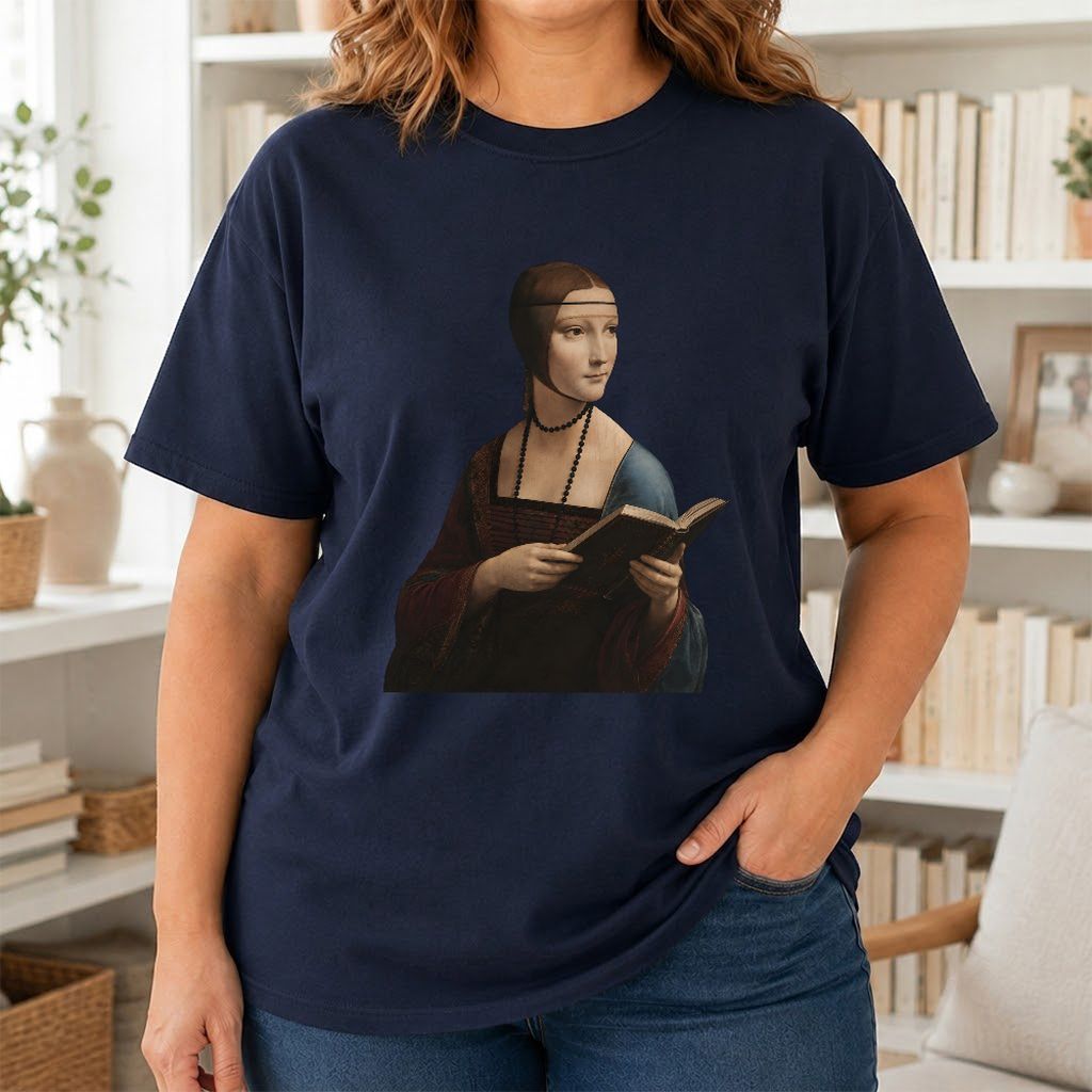 Cecilia Gallerani Reading Printed T-Shirt | Literary Reader Gift Navy