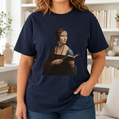 Cecilia Gallerani Reading Printed T-Shirt | Literary Reader Gift Navy
