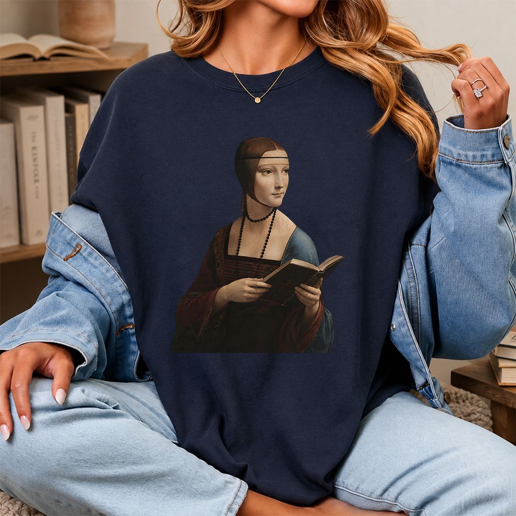 Cecilia Gallerani Reading Printed T-Shirt | Literary Reader Gift Navy