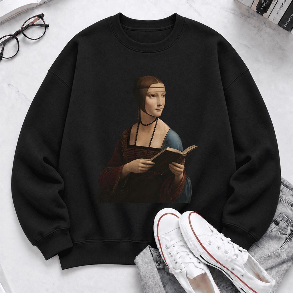 Cecilia Gallerani Holding Open Book Softstyle Sweatshirt | Elegant Reader Gift Black