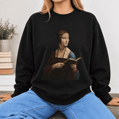 Cecilia Gallerani Holding Open Book Softstyle Sweatshirt | Elegant Reader Gift Black