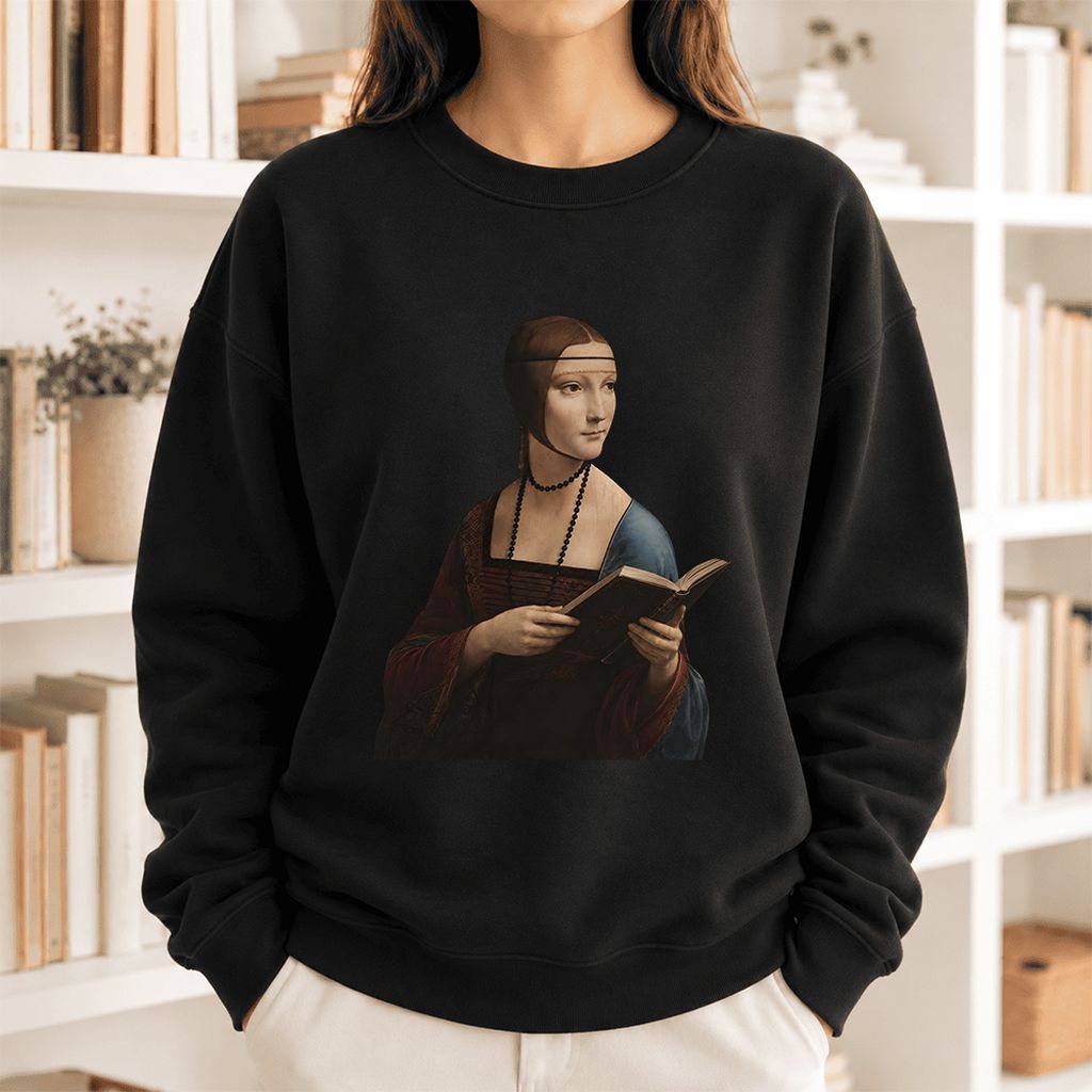 Cecilia Gallerani Holding Open Book Softstyle Sweatshirt | Elegant Reader Gift Black
