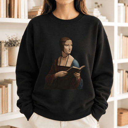 Cecilia Gallerani Holding Open Book Softstyle Sweatshirt | Elegant Reader Gift Black