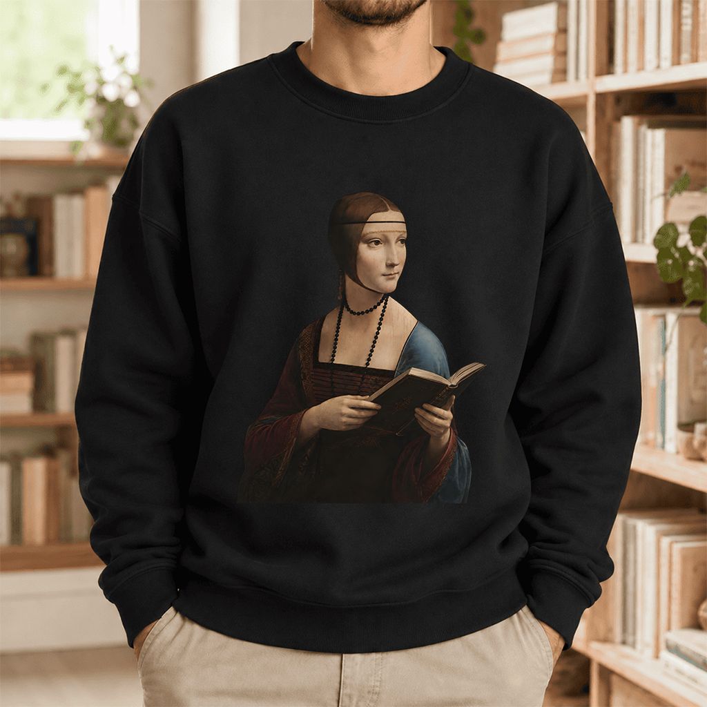Cecilia Gallerani Holding Open Book Softstyle Sweatshirt | Elegant Reader Gift Black