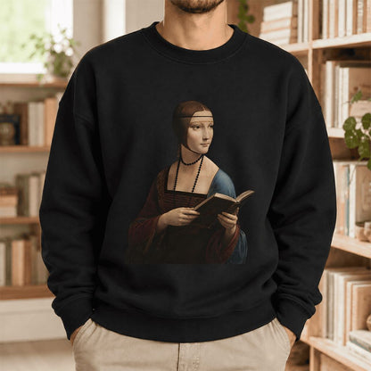 Cecilia Gallerani Holding Open Book Softstyle Sweatshirt | Elegant Reader Gift Black
