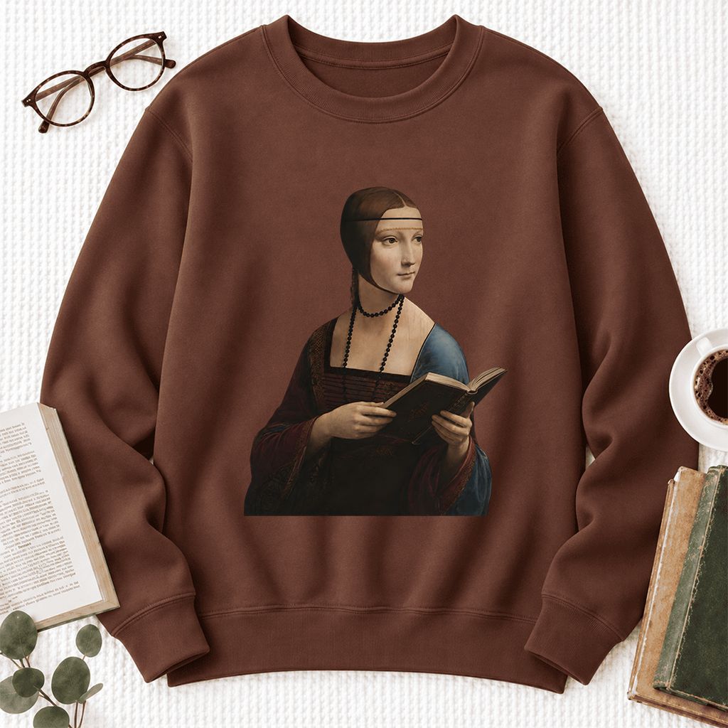 Cecilia Gallerani Holding Open Book Softstyle Sweatshirt | Elegant Reader Gift Cocoa