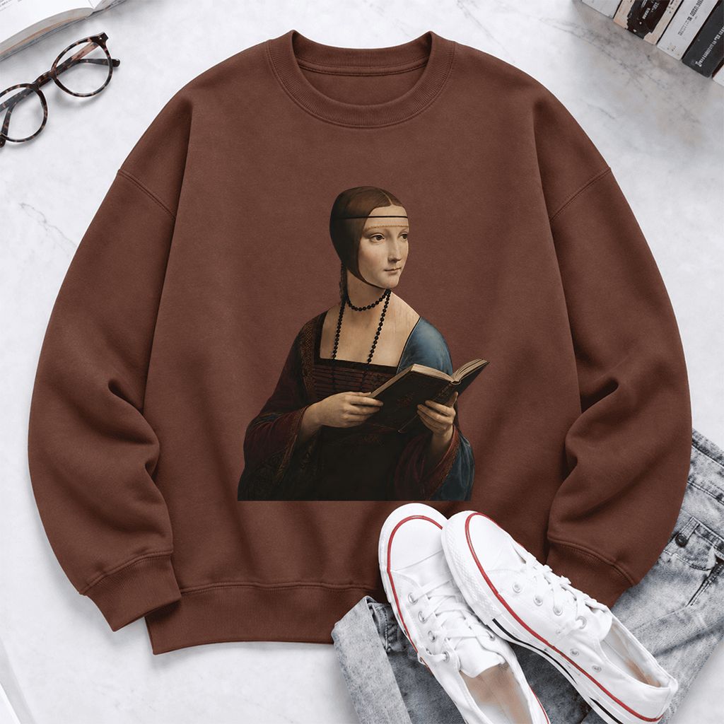 Cecilia Gallerani Holding Open Book Softstyle Sweatshirt | Elegant Reader Gift Cocoa