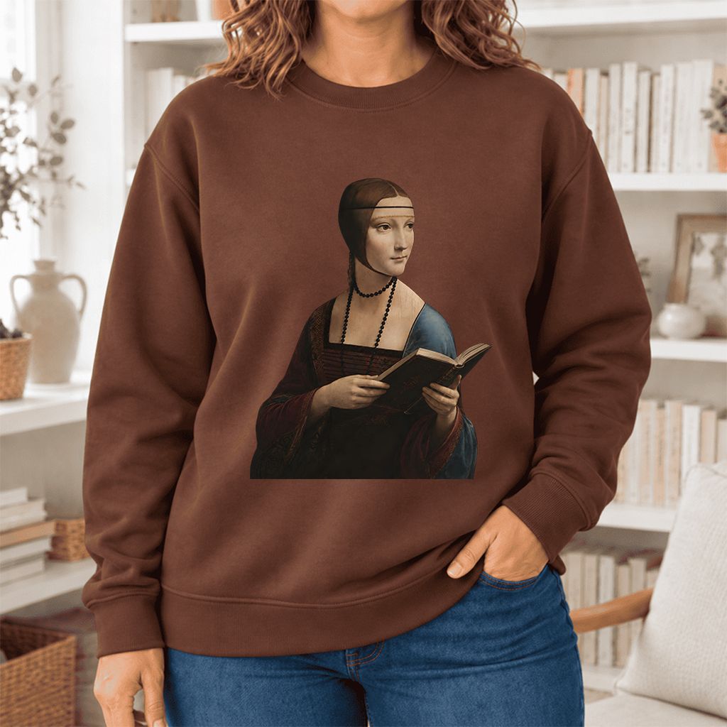 Cecilia Gallerani Holding Open Book Softstyle Sweatshirt | Elegant Reader Gift Cocoa