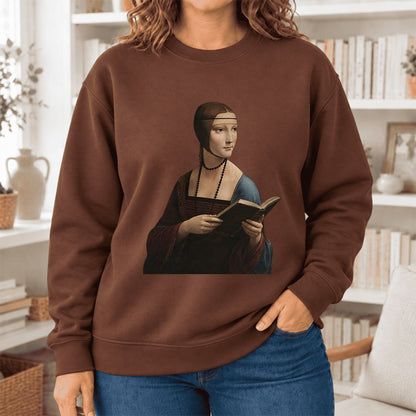 Cecilia Gallerani Holding Open Book Softstyle Sweatshirt | Elegant Reader Gift Cocoa