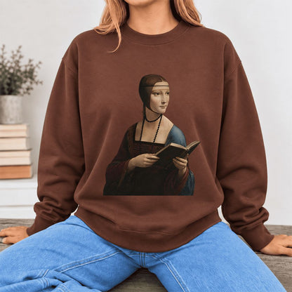 Cecilia Gallerani Holding Open Book Softstyle Sweatshirt | Elegant Reader Gift Cocoa