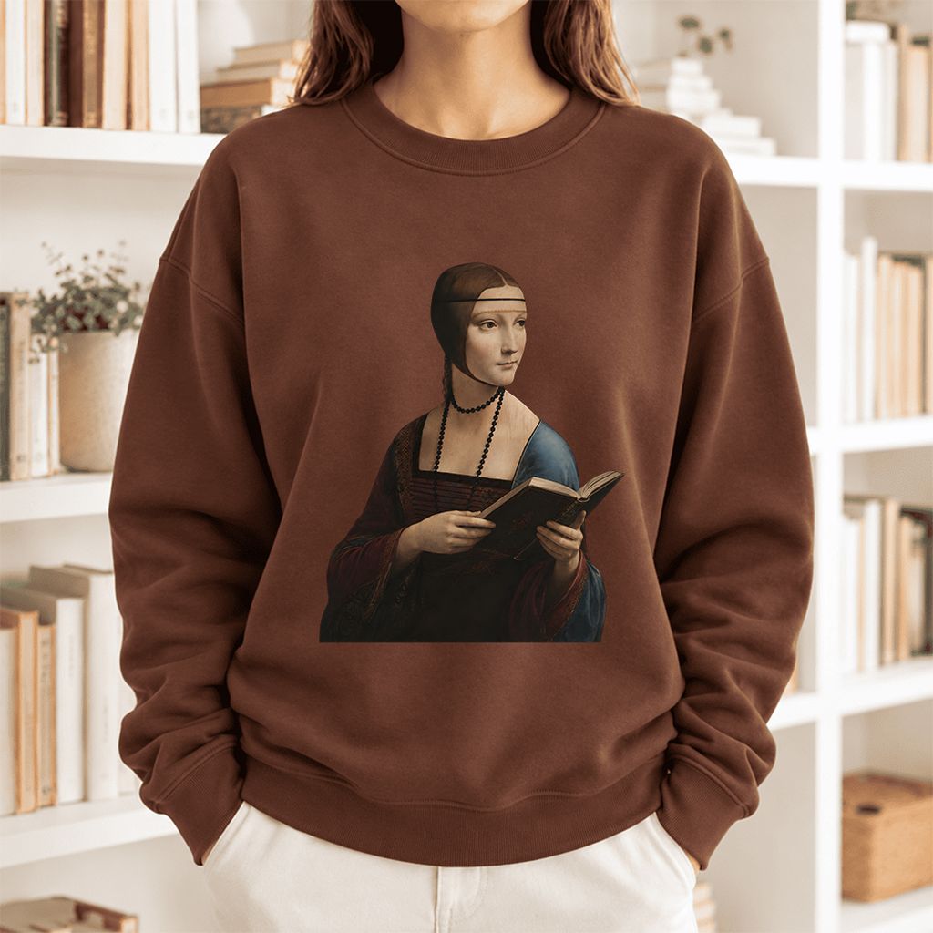 Cecilia Gallerani Holding Open Book Softstyle Sweatshirt | Elegant Reader Gift Cocoa