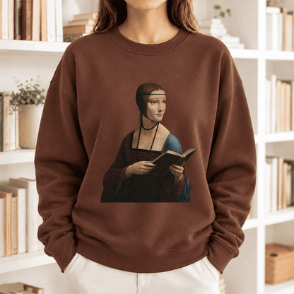 Cecilia Gallerani Holding Open Book Softstyle Sweatshirt | Elegant Reader Gift Cocoa