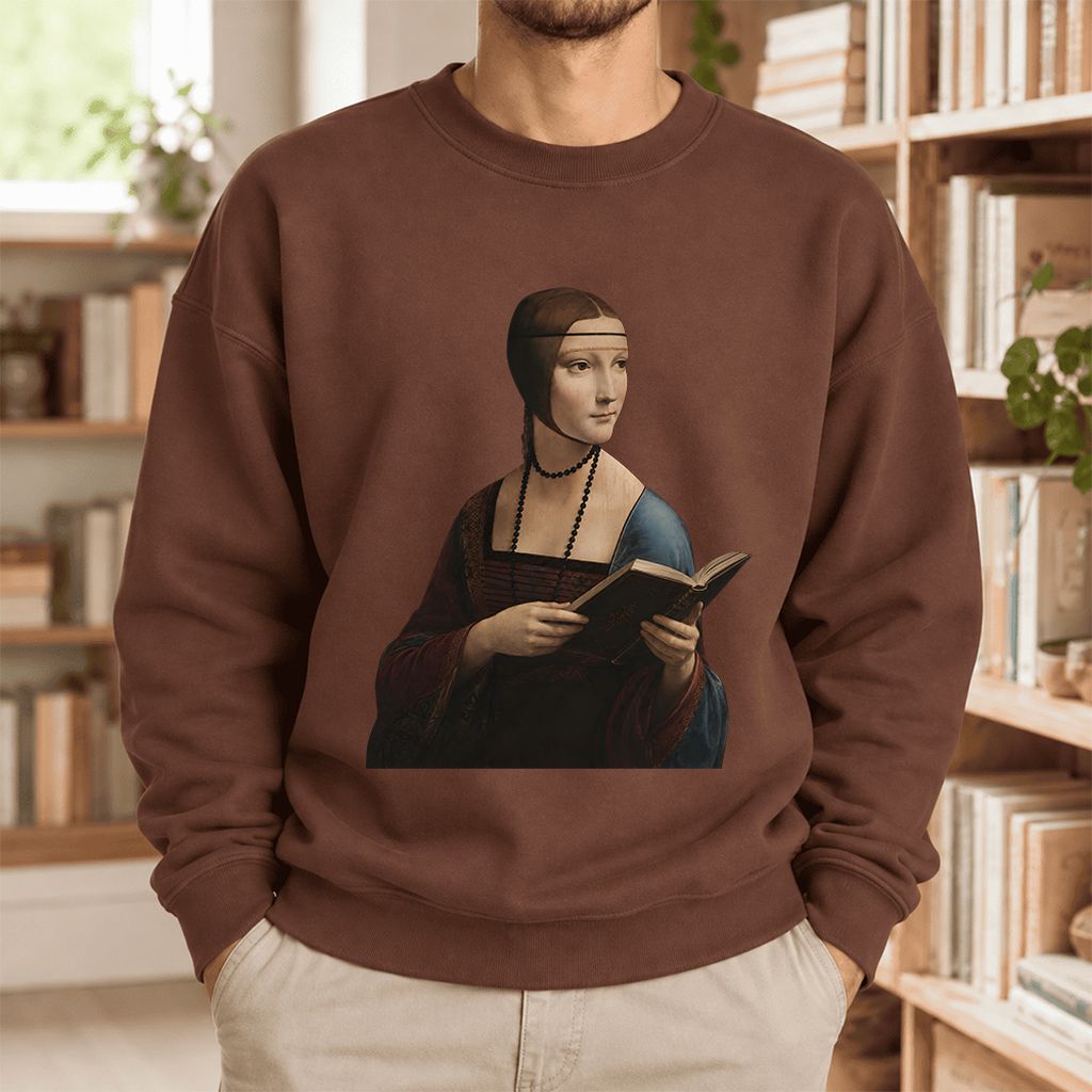 Cecilia Gallerani Holding Open Book Softstyle Sweatshirt | Elegant Reader Gift Cocoa