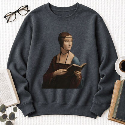 Cecilia Gallerani Holding Open Book Softstyle Sweatshirt | Elegant Reader Gift Dark Heather