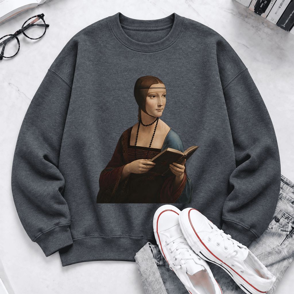Cecilia Gallerani Holding Open Book Softstyle Sweatshirt | Elegant Reader Gift Dark Heather