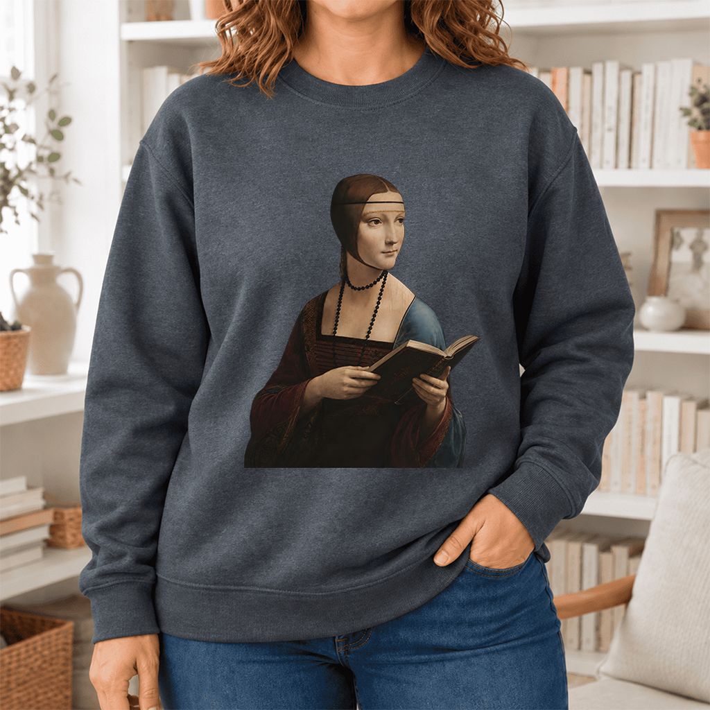 Cecilia Gallerani Holding Open Book Softstyle Sweatshirt | Elegant Reader Gift Dark Heather