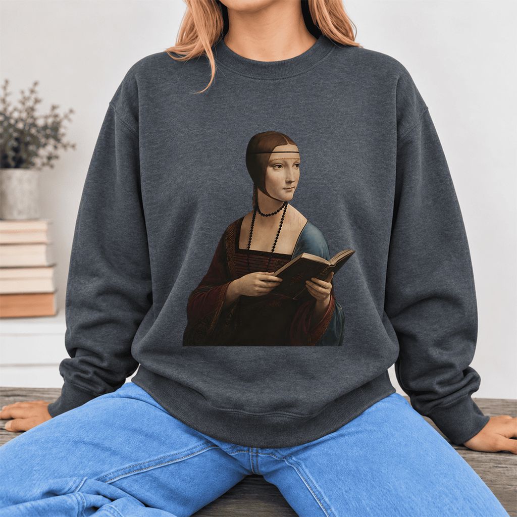 Cecilia Gallerani Holding Open Book Softstyle Sweatshirt | Elegant Reader Gift Dark Heather