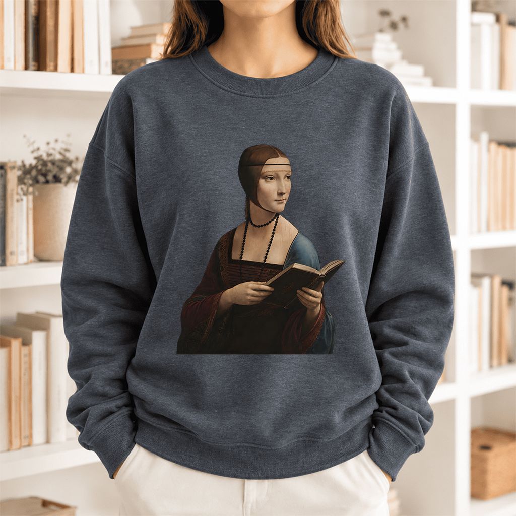 Cecilia Gallerani Holding Open Book Softstyle Sweatshirt | Elegant Reader Gift Dark Heather
