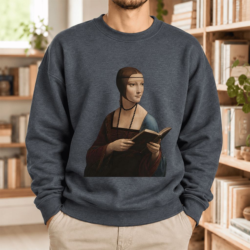 Cecilia Gallerani Holding Open Book Softstyle Sweatshirt | Elegant Reader Gift Dark Heather