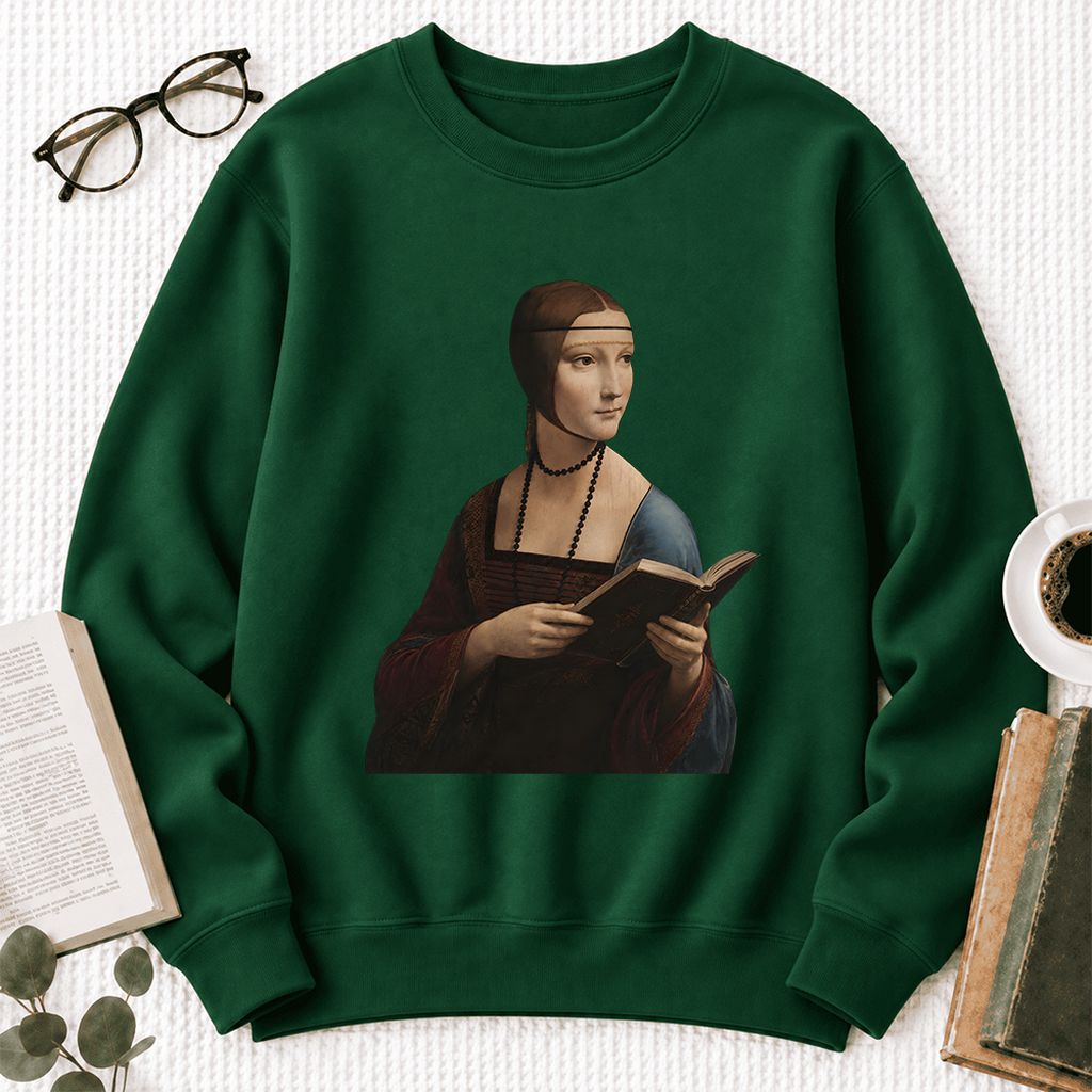 Cecilia Gallerani Holding Open Book Softstyle Sweatshirt | Elegant Reader Gift Forest Green