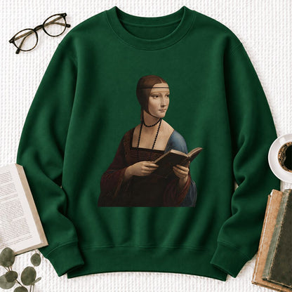 Cecilia Gallerani Holding Open Book Softstyle Sweatshirt | Elegant Reader Gift Forest Green