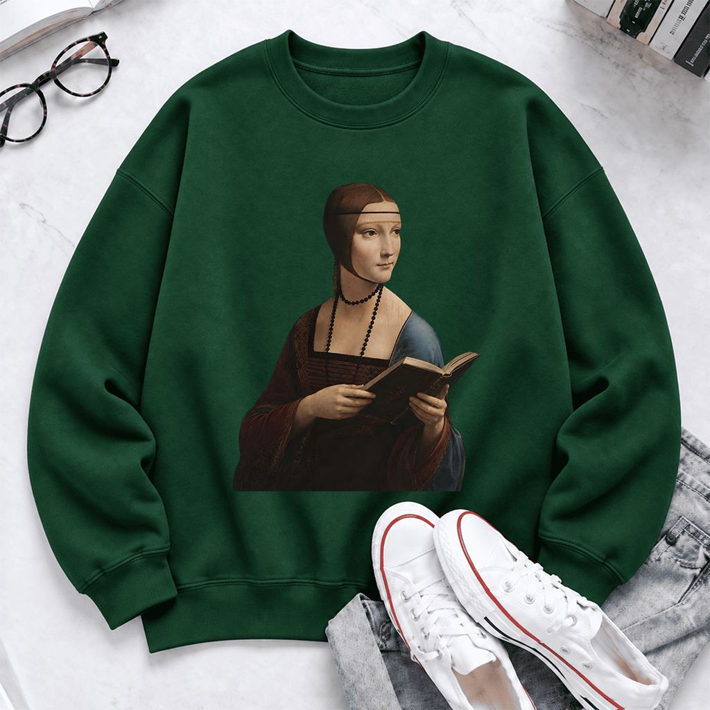 Cecilia Gallerani Holding Open Book Softstyle Sweatshirt | Elegant Reader Gift Forest Green