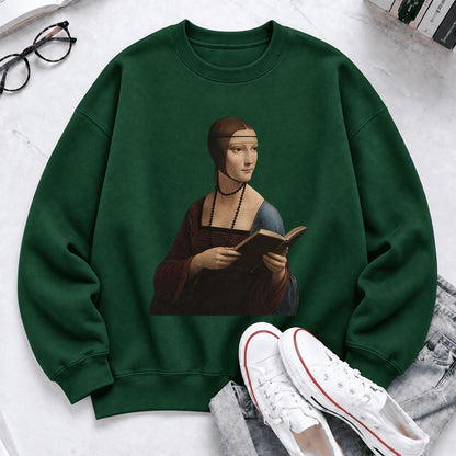 Cecilia Gallerani Holding Open Book Softstyle Sweatshirt | Elegant Reader Gift Forest Green