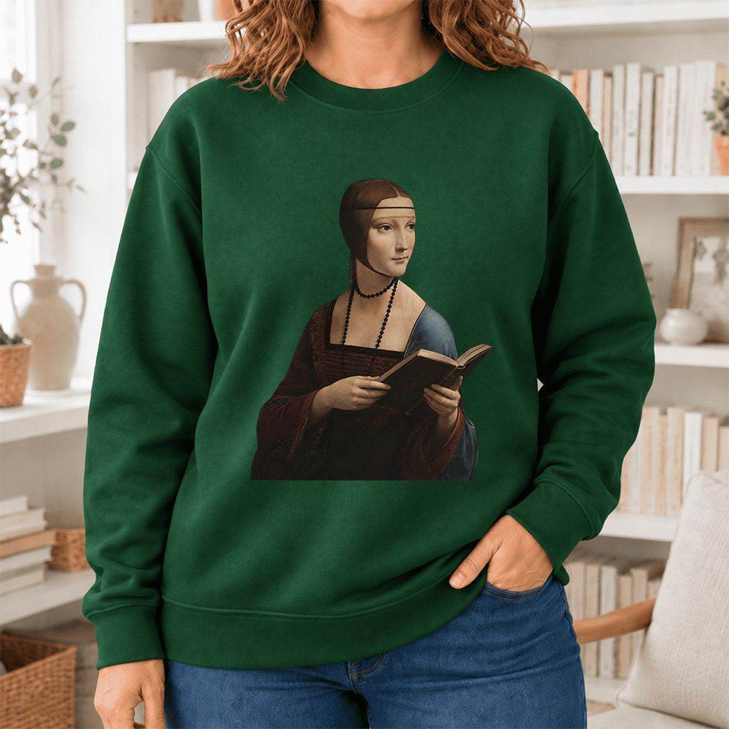 Cecilia Gallerani Holding Open Book Softstyle Sweatshirt | Elegant Reader Gift Forest Green