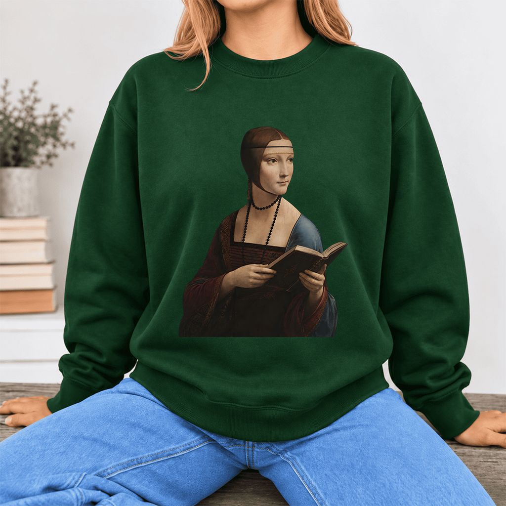 Cecilia Gallerani Holding Open Book Softstyle Sweatshirt | Elegant Reader Gift Forest Green